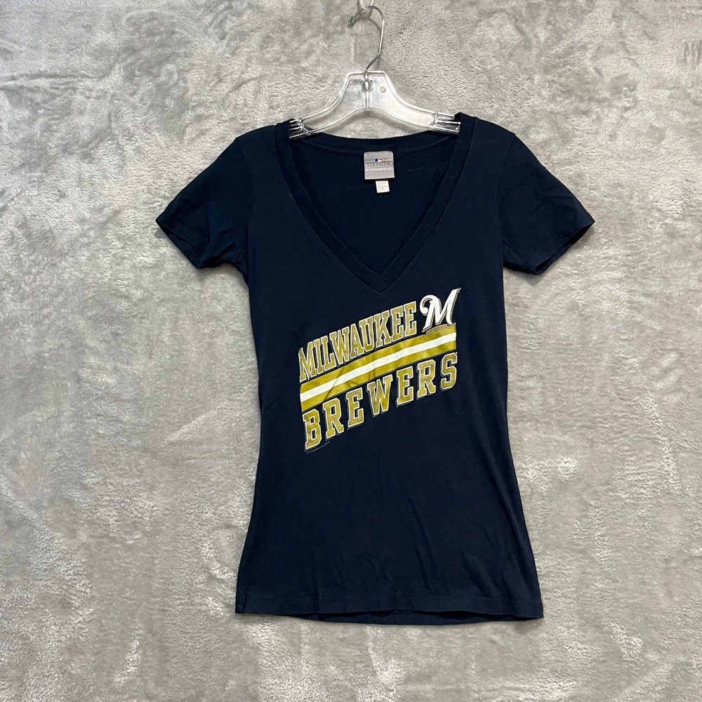 MLB Milwaukee Brewers T-Shirt Women Small Navy Blue V-Neck Graphic Tee